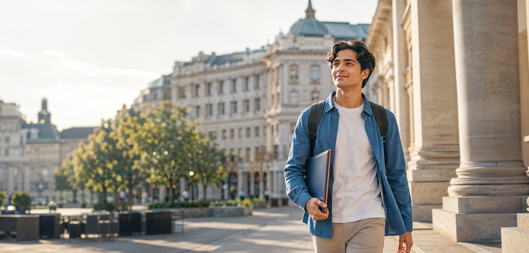 دانشجوی بینالمللی در حال قدم زدن در محوطه دانشگاهی در اتریش